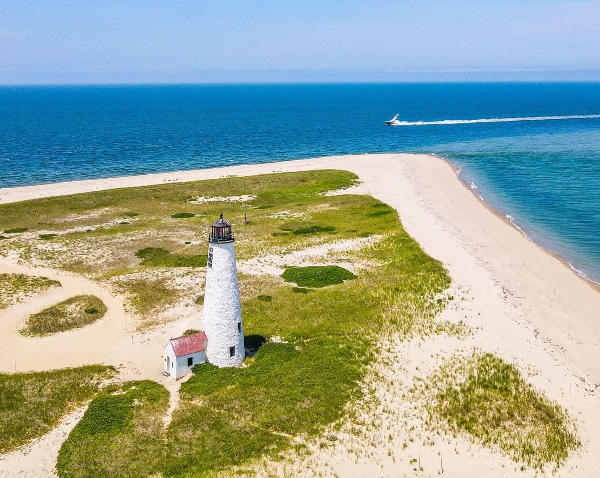 Great Point Lighthouse on a sandy spit in Nantucket